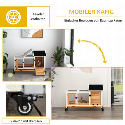 Wooden rabbit cage, cage for small animals with wheels and tray