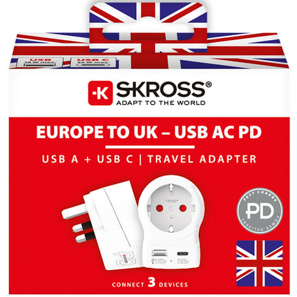 EU auf UK Steckeradapter, USB-A/USB-C 20W PD geerdet