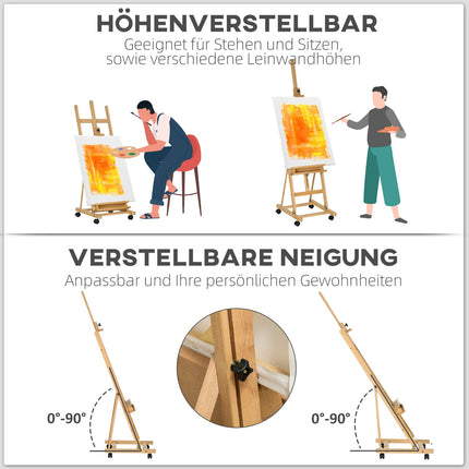Staffelei verstellbar aus Buchenholz mit Rollen – klappbares Stativ aus Segeltuch