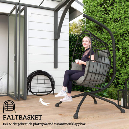 Egg-shaped hanging chair with cup holder, black