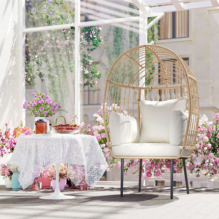 Chaise en rotin en forme d'œuf avec coussin amovible, rembourrage, chaise d'extérieur surdimensionnée en rotin, chaise en osier résistante aux intempéries Chaise de jardin Chaises de jardin pour balcon de jardin, porche, terrasse Beige |
