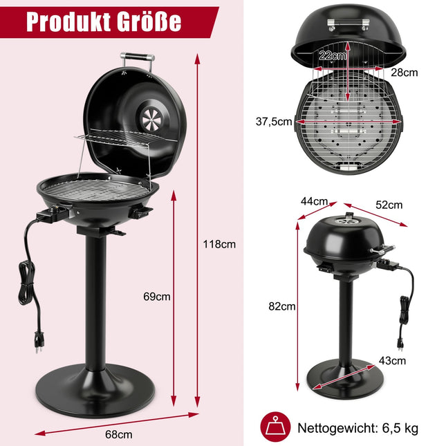 Elektrischer Grill mit herausnehmbarem, antihaftbeschichtetem Rost, Schwarz