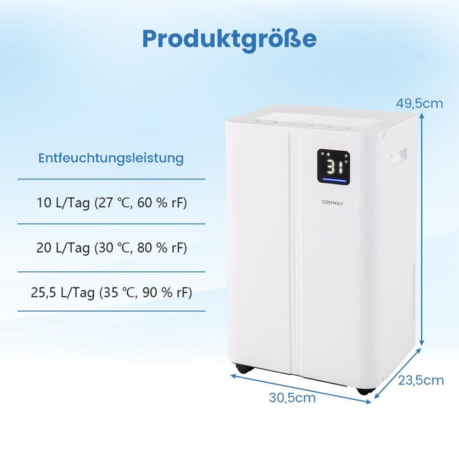 Elektrischer Luftentfeuchter, 25,5 l/Tag, 25 m² Abdeckung, Ruhemodus