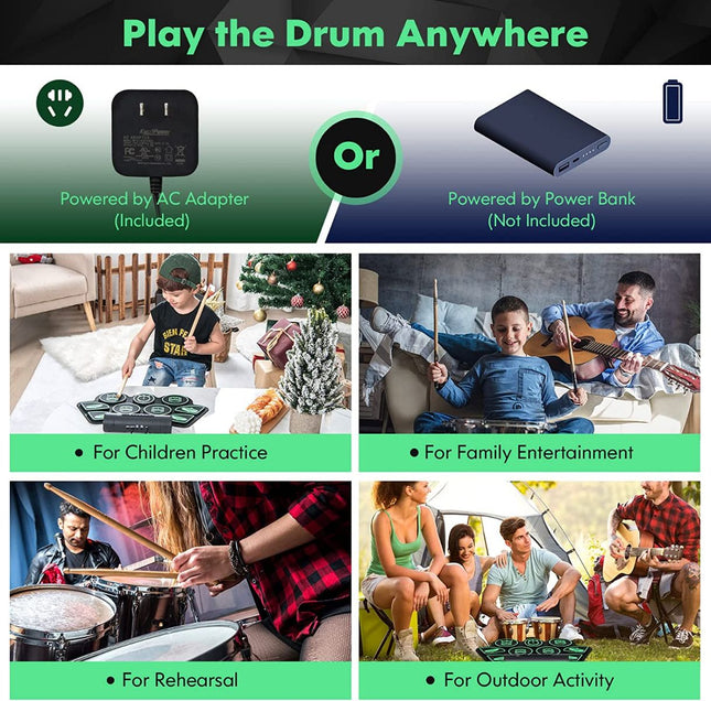 E-Drum-Kit mit 9 Pads Aufrollbares Drum-Übungspad mit 2 Stereo-Lautsprechern