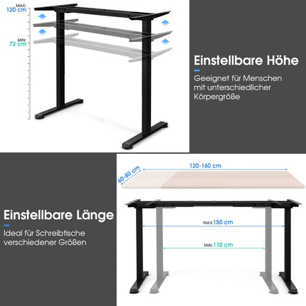 Electric Dual-Motor Adjustable Desk Frame, Black, 109-151x70-120 cm