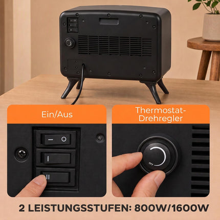Electric Fireplace Heater 800/1600W with 3D Flame Effect, Thermostat, Black