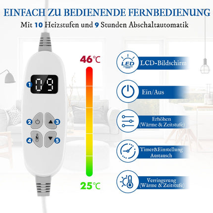 Elektrische Heizdecke, 9 Heizstufen, 9h-Timer, Blau