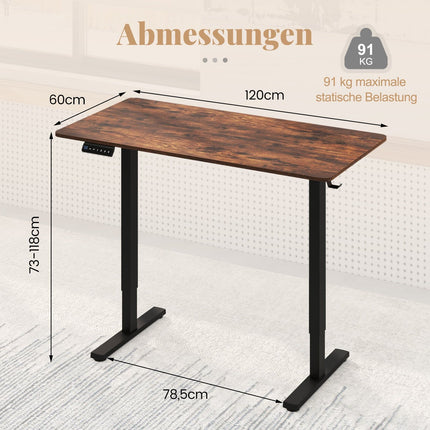 Elektrisch höhenverstellbarer Schreibtisch, 120 x 60 cm, Rustikales Braun