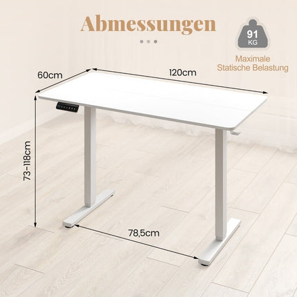 Electric Height Adjustable Desk, 120x60 cm, White