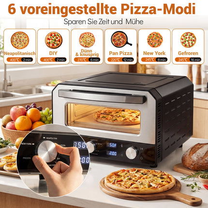 Elektrischer Pizzaofen für drinnen, 30 cm, 6 Voreinstellungen, Schwarz