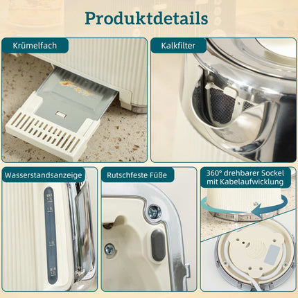 Wasserkocher 1,7L 2200W & 4-Schlitz Toaster, Cremeweiß