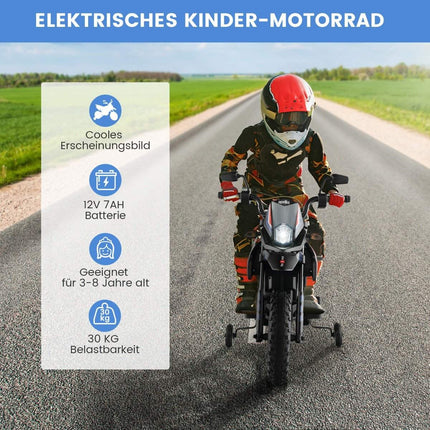 Elektro-Kindermotorrad mit Stützrädern, Musik, 12-V-Batterie