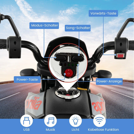 Elektro-Kindermotorrad mit Stützrädern, Musik, 12-V-Batterie