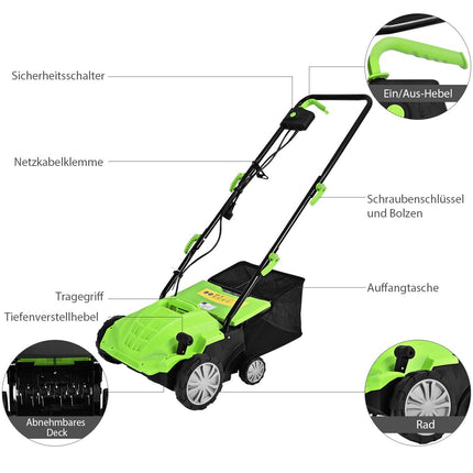 Elektrischer Rasenvertikutierer und -lüfter, 1500W, 30L Sack, 32cm Breite