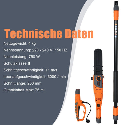 Electric Pole Saw, Adjustable 212-286 cm, Multi-Angle Head