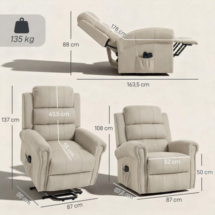 Electric Recliner Chair with Lift, Massage & Heat, Beige Linen
