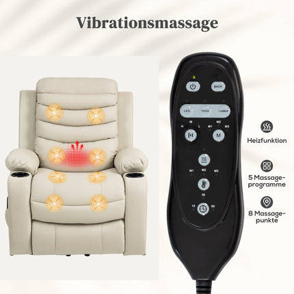 Electric Recliner Chair with Lift, Massage, Heat, USB, Cream
