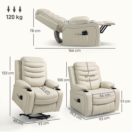 Electric Recliner Chair with Lift, Massage, Heat, USB, Cream