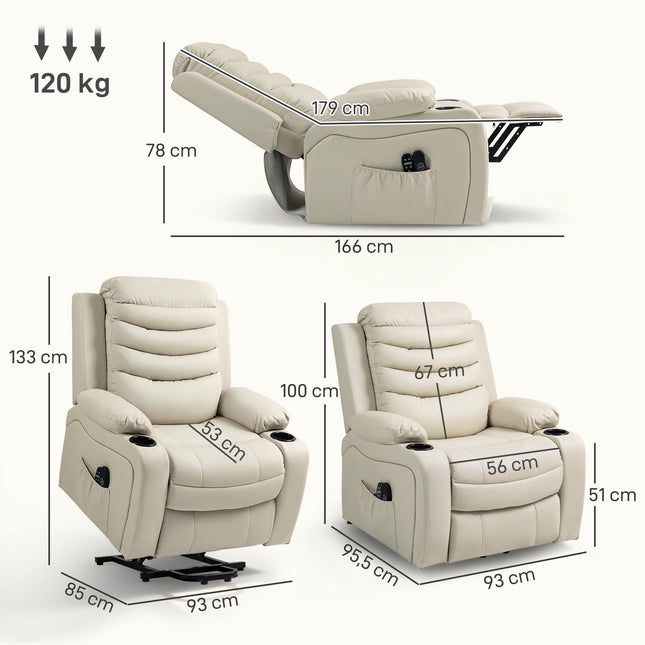Elektrischer Relaxsessel mit Aufstehhilfe, Massage, Heizung, USB, Creme