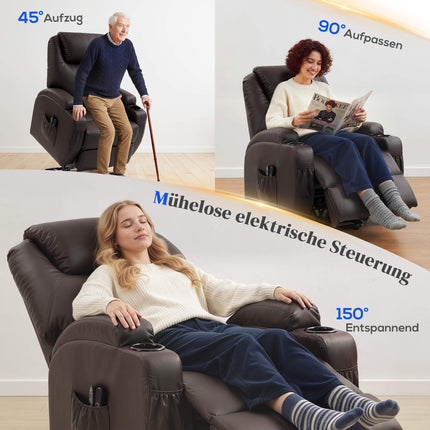 Elektrischer Relaxsessel mit Aufstehfunktion, Fernbedienung, Getränkehaltern, Braun