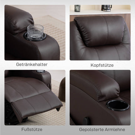 Elektrischer Relaxsessel mit Aufstehfunktion, Fernbedienung, Getränkehaltern, Braun