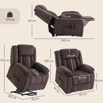 Electric Recliner Chair with Lift, USB, and Side Pockets, Brown