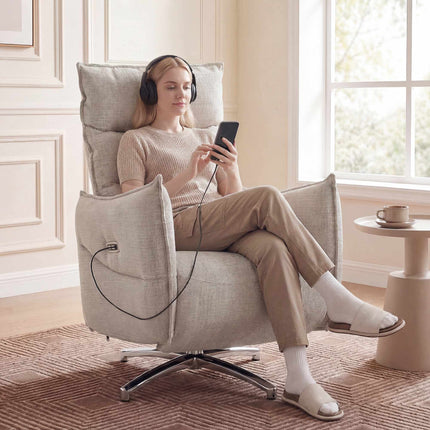 Elektrischer Relaxsessel mit USB-Anschlüssen, beiger Leinenstoff