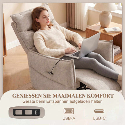 Elektrischer Relaxsessel mit USB-Anschlüssen, beiger Leinenstoff