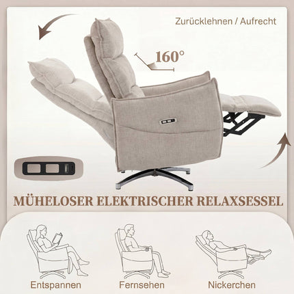 Elektrischer Relaxsessel mit USB-Anschlüssen, beiger Leinenstoff