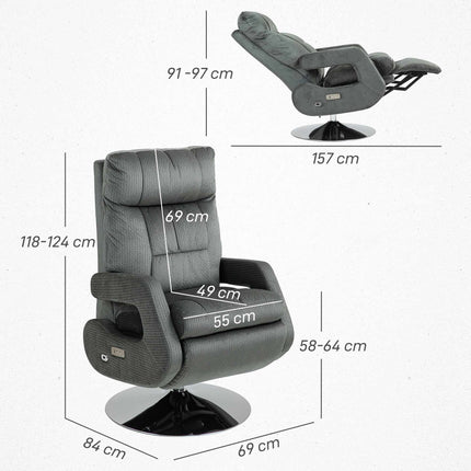 Elektrischer Relaxsessel mit USB, Samt, drehbar, Grau