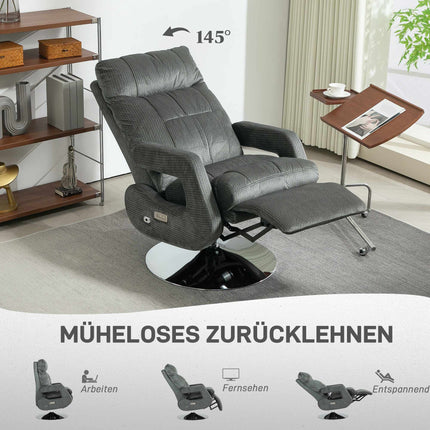 Elektrischer Relaxsessel mit USB, Samt, drehbar, Grau
