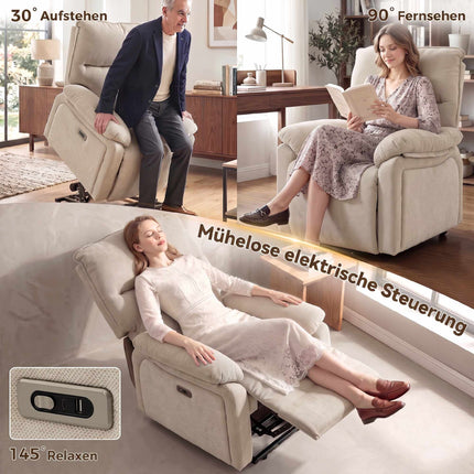 Electric Recliner with Massage & Heat, Cream Chenille Fabric