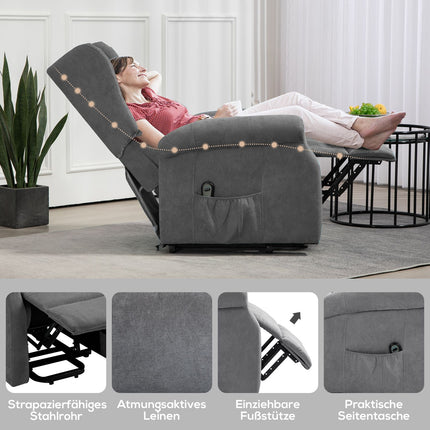 Fauteuil TV électrique avec aide à la verticalisation, fauteuil de relaxation avec fonction inclinable, aspect lin, fauteuil TV avec poche latérale, télécommande