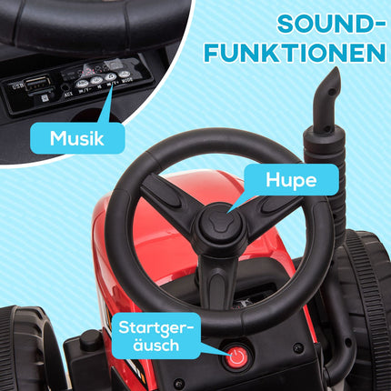 Dětský elektrický traktor s vlekem a dálkovým ovládáním, červený
