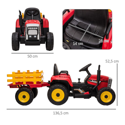 Dětský elektrický traktor s vlekem a dálkovým ovládáním, červený