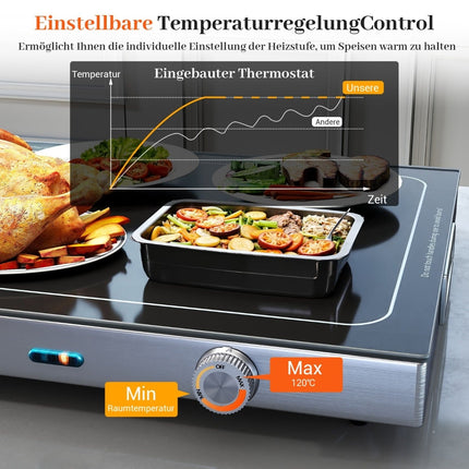Elektrisches Warmhalteblech, regelbare Temperatur, 50x29 cm Glas