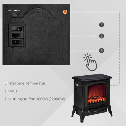 Elektrischer Standkamin mit LED-Flamme, 2000W, Schwarz