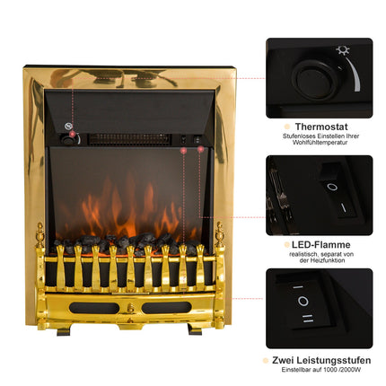 Freistehender Elektroofen, 1000/2000 W, Gold, Flammeneffekt
