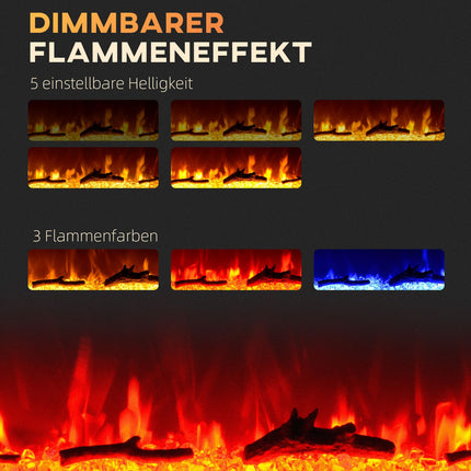 Cheminée électrique avec effet flamme LED, cheminée murale 1800 W en 3 couleurs avec 5 niveaux de luminosité, cheminée électrique avec télécommande, écran tactile, montage mural, noir