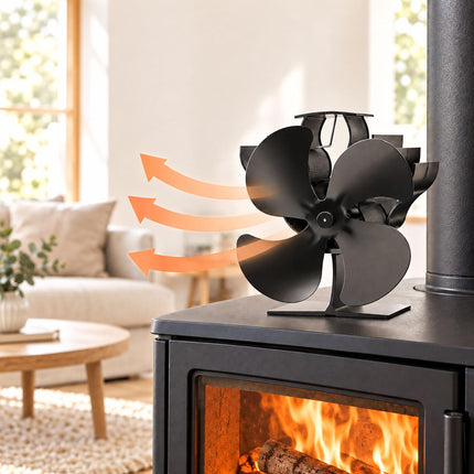 Electricity-Free Stove Fan with 4 Rotor Blades, Freestanding, Black Aluminium