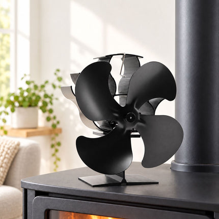 Electricity-Free Stove Fan with 4 Rotor Blades, Freestanding, Black Aluminium