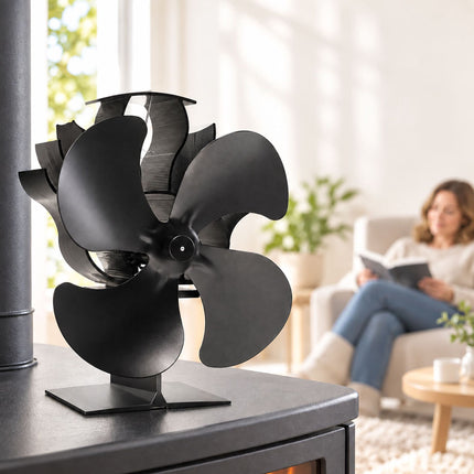 Electricity-Free Stove Fan with 4 Rotor Blades, Freestanding, Black Aluminium