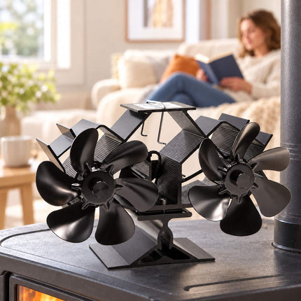 Electricity-Free Twin Motor Stove Fan with 12 Blades, Black Aluminium
