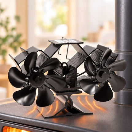 Electricity-Free Twin Motor Stove Fan with 12 Blades, Black Aluminium