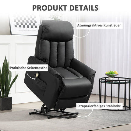 Elektrischer Relaxsessel mit Aufstehhilfe, Kunstleder, Schwarz