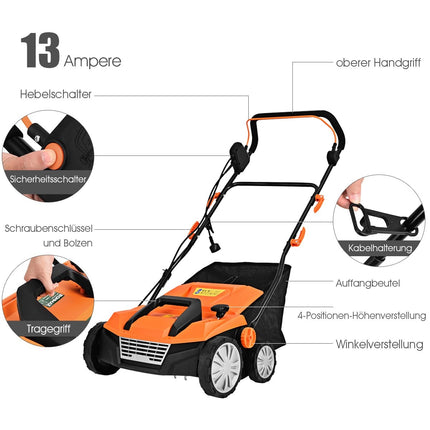 Electric scarifier lawn aerator 1800W 2 levels working depth 67 x 58 x 86 - 104 cm orange