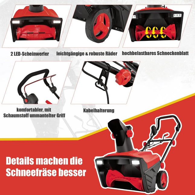 Elektrische Schneefräse mit LED-Leuchten &amp; 15 A Motor 50 cm Arbeitsbreite 25 cm Arbeitshöhe Rot + Schwarz