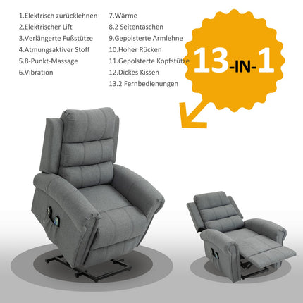 Elektrischer Liegesessel, Massage & Heizung, Fernbedienung, Graues Leinen