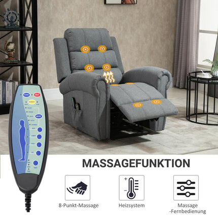 Elektrischer Liegesessel, Massage & Heizung, Fernbedienung, Graues Leinen