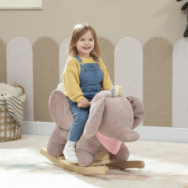 Olifantenschommelstoel met geluiden, houten frame, geschikt voor kinderen van 1,5 tot 3 jaar, bruin.